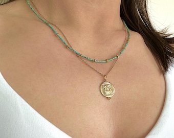 Mesa Seed Bead Necklace with Gold Disk Accents, Handmade Matte Bead Layering Necklace, Thin Beaded Necklace, Gold Disk Necklace for Layering