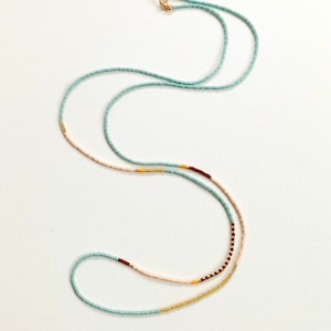 Aqua Long Beaded Necklace, Thin Bead Necklace, Long Minimalist Necklace, Wrap Bracelet