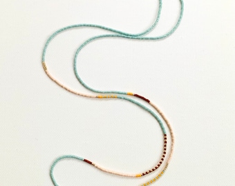 Aqua Long Beaded Necklace, Thin Bead Necklace, Long Minimalist Necklace, Wrap Bracelet
