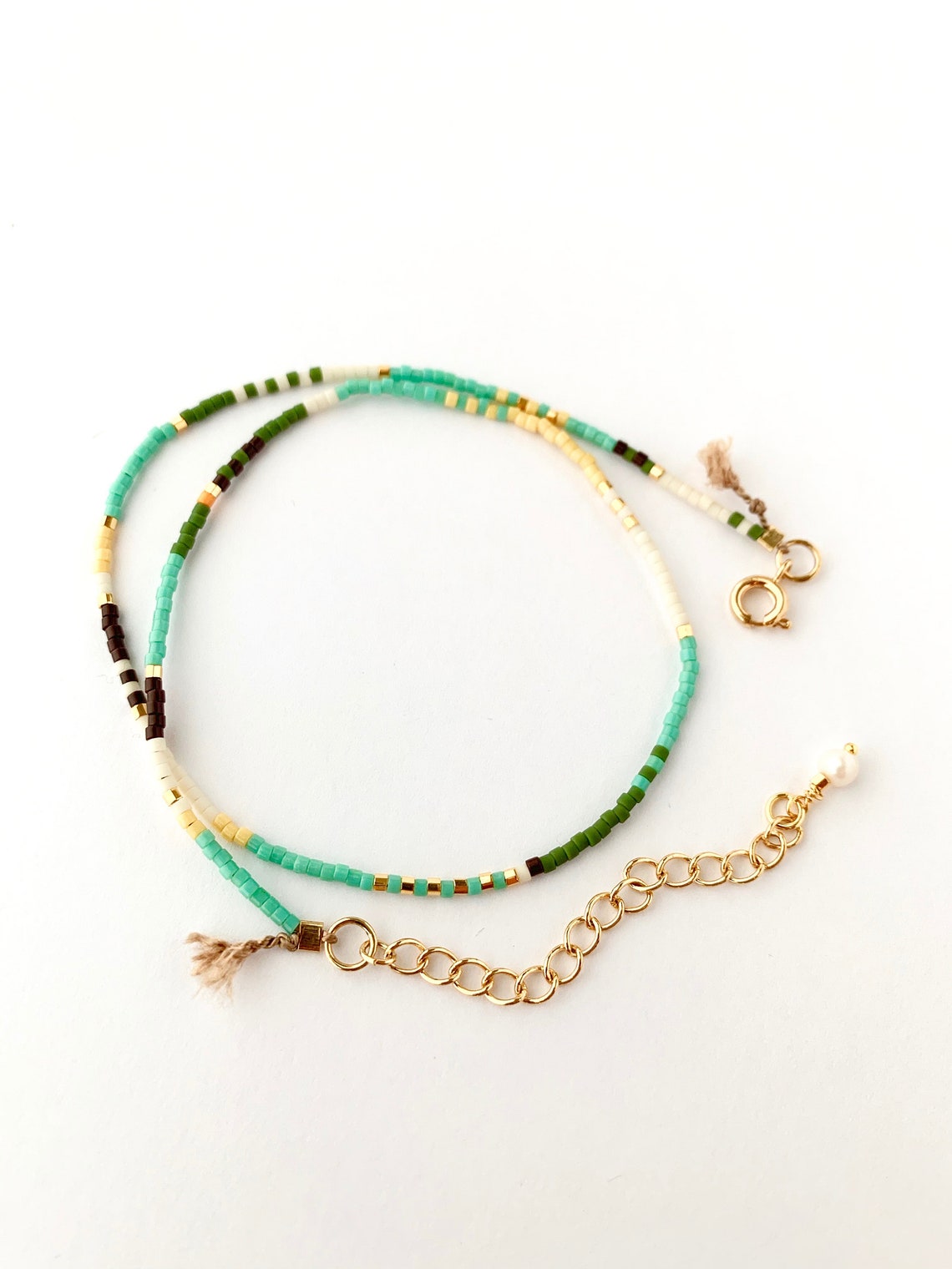 Thin Seed Bead Collar Necklace Turquoise Brown Green Etsy