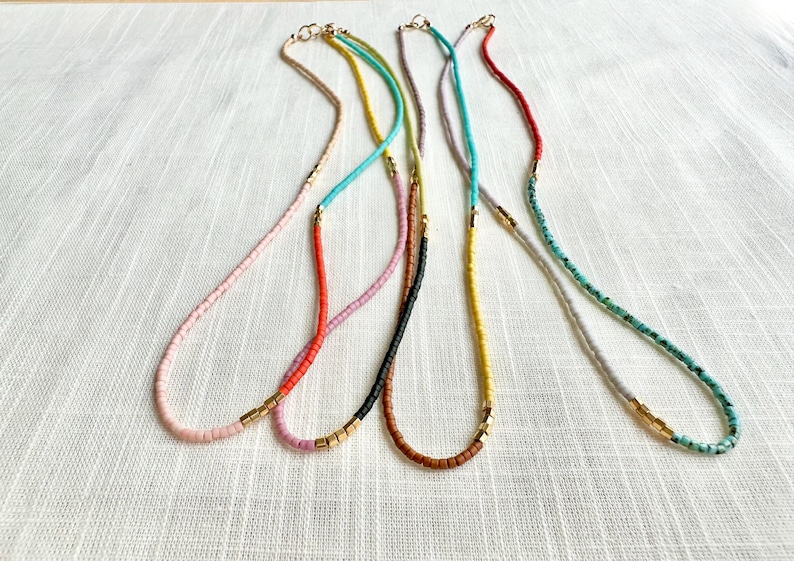 Thin beaded necklace, brightly colored
