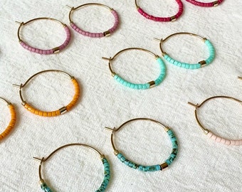Tiny Colorful Gold Bar Hoop Earrings, Tiny Colored Hoop Earrings, Minimalist Hoop Earrings, Colorful Beaded Hoops, Little Hoop Earrings