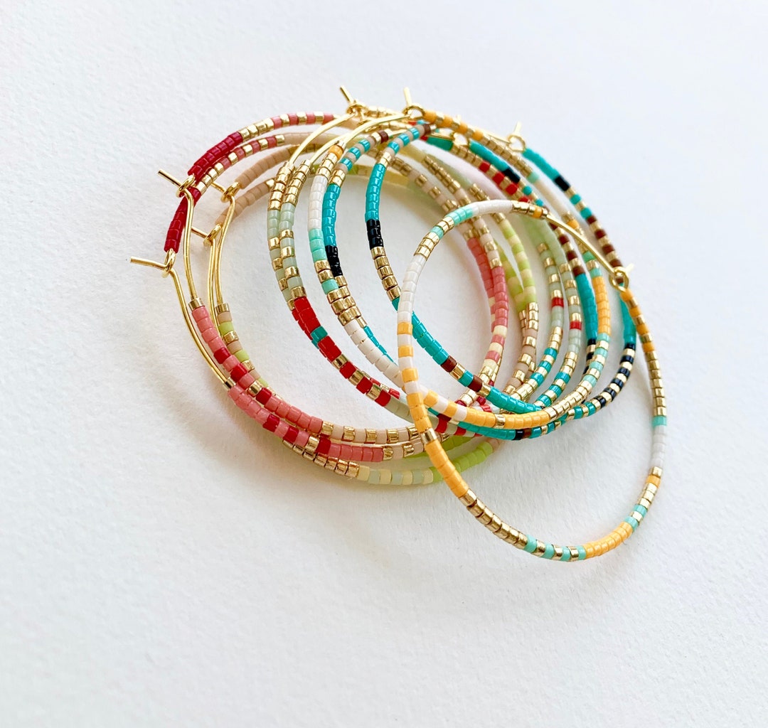 Boho Beaded Hoop Earrings Large Seed Bead Hoops Colorful - Etsy