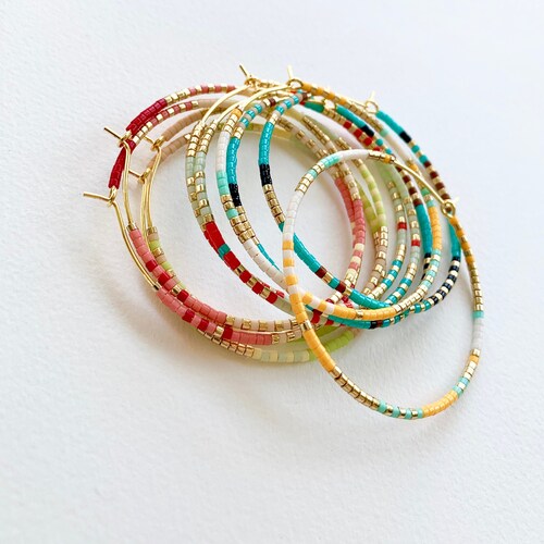 Large Colorful Seed Bead Hoop Earrings Multicolor Beaded - Etsy