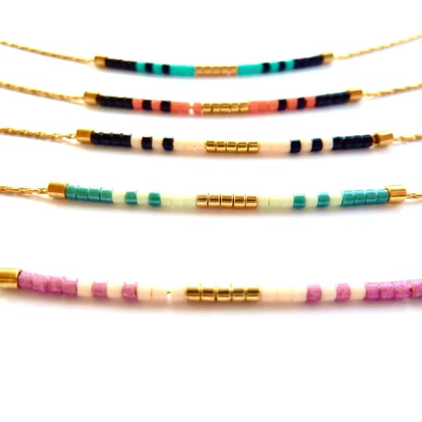Bright & Colorful Tiny Necklace, Tiny Minimalist Gold Necklace, Delicate Gold Beaded Necklace, Tiny Delicate Necklace, Seed Bead Necklace