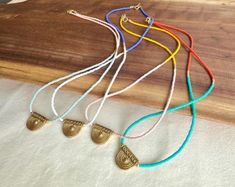 Mallorca Beaded Pendant Necklace, Brass Pendant Seed Bead Necklace, Thin Beaded Necklace, Colorful Seed Bead Necklace, Necklace for Layering