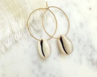 Medium Shell Earrings, Gold Plated Shell Earrings, Minimalist Shell Earrings, Cowrie Shell Earrings, Shell Hoop Earrings, Hoop Earrings