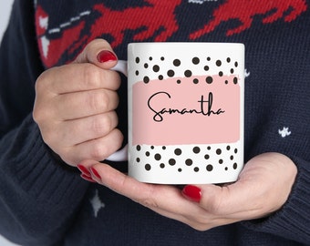 Custom Pink Polka Dot Mug - Personalized Ceramic Coffee Cup Pink Dotted Mug - Personalized Coffee Cup with Custom Name Gift for Her