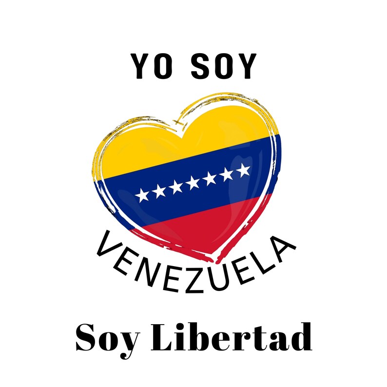Puede incluir: Un gr&aacute;fico en forma de coraz&oacute;n con los colores de la bandera venezolana, amarillo, azul y rojo, con siete estrellas blancas en la banda azul. El texto "YO SOY VENEZUELA" est&aacute; escrito en negro alrededor del coraz&oacute;n, y el texto "Soy Libertad" est&aacute; escrito en negro debajo del coraz&oacute;n.