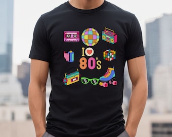 80s Lovers T-Shirt with Retro Drawings - Retro Fashion Tee Gift for Friends Unisex Bella Canvas