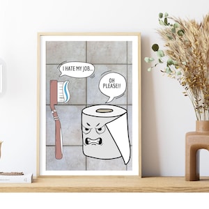 DIGITAL Bathroom Wall Art, Funny Toothbrush vs. Toilet Paper Struggles Poster, Humorous Toilet Print for Guest Bathroom, Restroom Decor,