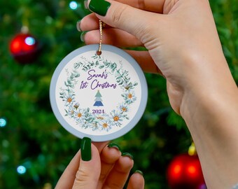Customized Christmas Ceramic Ornament, Baby's 1st Christmas for Flower Lovers, First Christmas Woodland, 3 Inch Ceramic Christmas Ornament
