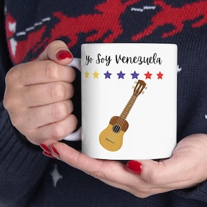 Taza Personalizada con Diseño de Venezuela de Siete Estrellas Tricolor y el Cuatro Venezolano Venezuelan Mug, Souvenir, B'day Gift, for Her
