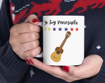 Taza Personalizada con Diseño de Venezuela de Siete Estrellas Tricolor y el Cuatro Venezolano Venezuelan Mug, Souvenir, B&#39;day Gift, for Her