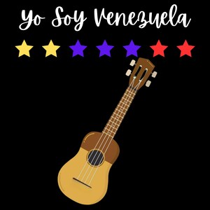 Puede incluir: Un dise&ntilde;o de estrellas amarillas, azules y rojas con el texto "yo soy Venezuela" sobre un ukelele marr&oacute;n.