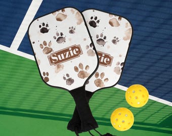 Personalized Pickleball 2 Paddle Set, Custom Name Pickleball Kit with Dog Paw Prints Background, Sports Gift, Pickleball Accessories, Xmas