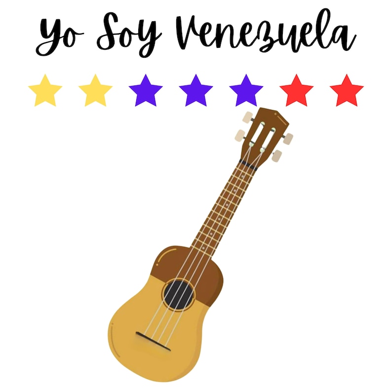 Puede incluir: Un ukelele amarillo, marr&oacute;n y rojo con el texto "yo soy Venezuela" encima. Hay cinco estrellas encima del ukelele, dos amarillas, dos moradas y una roja.