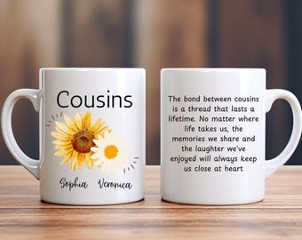 Personalized Mug for Cousin with Name Sunflower and Daisy Design for Flower Lovers