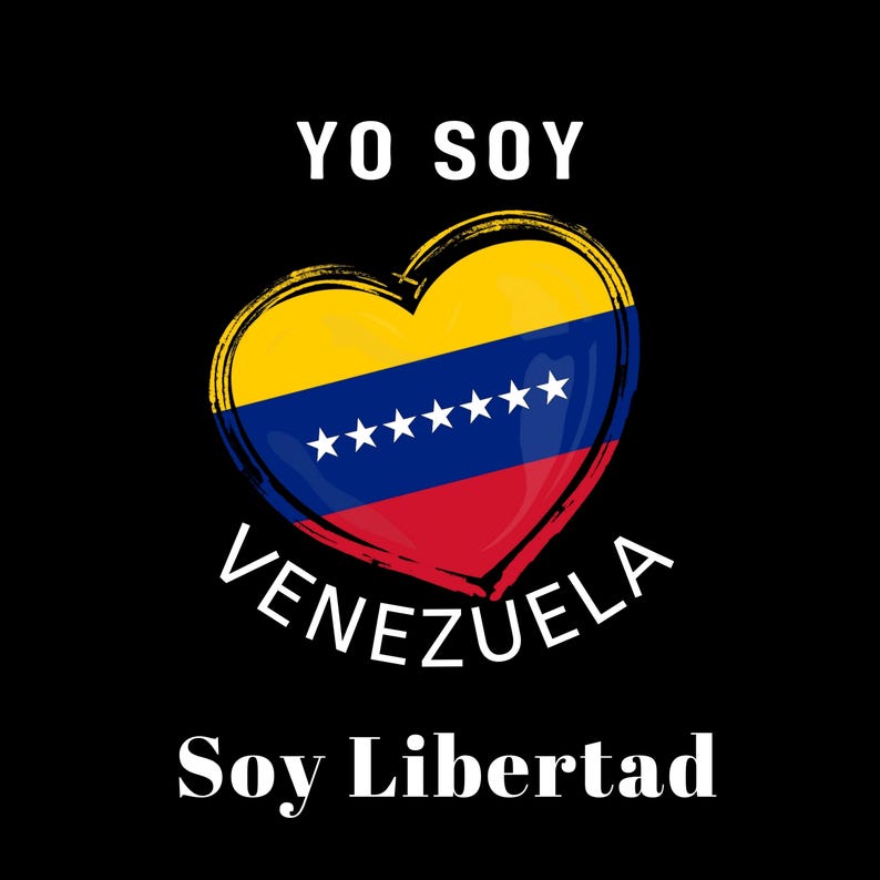Puede incluir: Un fondo negro con un gr&aacute;fico en forma de coraz&oacute;n blanco con los colores y las estrellas de la bandera venezolana. El texto "Yo Soy Venezuela Soy Libertad" est&aacute; escrito en blanco.