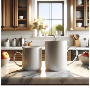 May include: Two white ceramic mugs with black text on the bottom. The mug on the left says "11 oz" and the mug on the right says "15 oz".