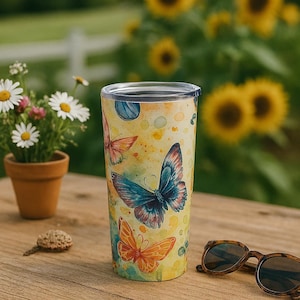 Butterfly Tumbler 20oz - Floral Insulated Cup for Nature Lovers, Travel Mug, Gift for Gardeners, Double Wall Stainless Steel Drinkware,