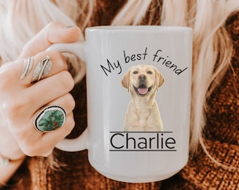 May include: White ceramic mug with a picture of a golden retriever dog and the text "My best friend Charlie".