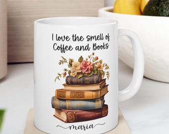 Taza de cerámica personalizada con libros y café, regalo para amantes del café y los libros, regalo para mamá, regalo para profesores o bibliotecarios.
