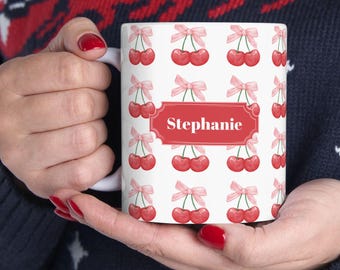 Personalized Coquette Cherries Mug, Custom Cherry Lover Coffee Cup for Her, Cute Red Fruit Tea Mug, Kitchen Decor Gift Idea, Mother's Day