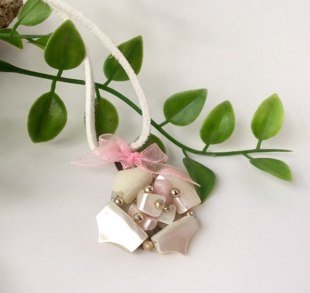Pale Pink Necklace Pink Ribbon Pendant Creamy White Etsy