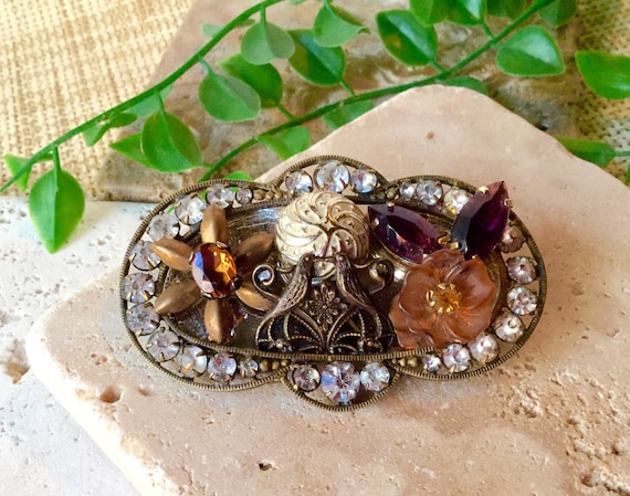 Vintage Rhinestone Belt Buckle Brooch: Recycled Jewelry Pin