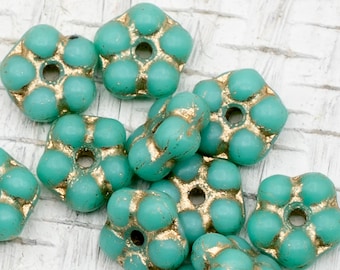 Czech 5mm Green Turquoise Gold Wash Forget Me Not Spacer Beads, aka 5mm Flat Flower Sea Green with Gold Flower Spacer, 25 Beads, 6550