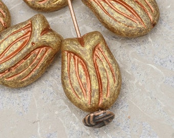 Tulip Flower Beads, Matte Light Bronze with Copper Wash 16x11mm Tulip Bead, Czech Glass Tulip 4073R, 12 Beads