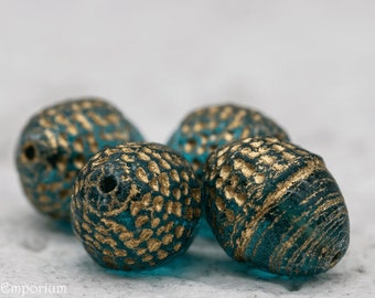 Czech Acorn - Glass Bead - Acorn Beads - 10x12mm - Matte Teal with Gold Wash - 8 Beads - 3256R