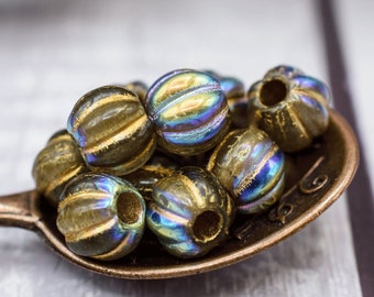 Czech Glass Beads, Large Hole Beads, Melon Beads, 8mm Beads, Round Beads, Gold AB Melon Beads, 10 Beads, 4149RO-C32