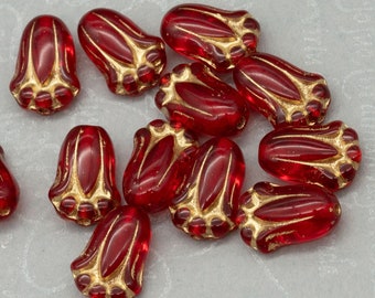 Czech Tulip Bead, Tulip Bud, Flower Bead, Trans Red Gold Wash 12mm Tulip Bud Bead, 12 Beads, 499R