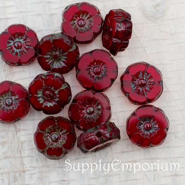 Czech Flower Beads, Hawaiian Flower, Hibiscus Flower Beads, Czech Red Opaline Picasso Hibiscus 9mm Flower Bead, 1625R, 12 Beads