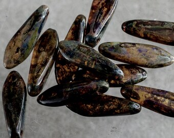 Green Turquoise with Full Picasso Coating Dagger 5 mm by 16 mm Czech Beads 25 beads Item 6877