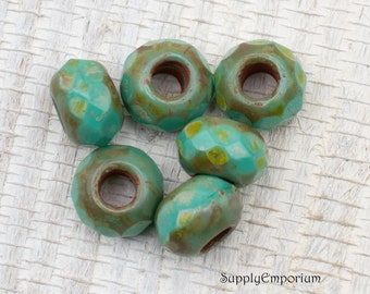 5484RO* - Turquoise Picasso 8x12mm Czech Roller Beads, 8x12mm Turquoise Picasso Roller Bead, 6 Beads, Large Hole Roller Bead