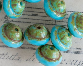 Saturn Bead, Czech Round Glass Bead, Ring Bead, Blue Turquoise Picasso 10mm Saturn Bead, 3051 (10)