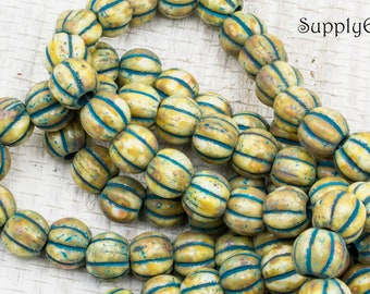 Czech Glass Beads, Large Hole Beads, Melon Beads, 8mm Beads, Round Beads, Honey Picasso Turquoise Wash Melon Round, 10 Beads, 6312RO-C1