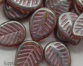1961 - 16x12mm Champagne Pink Picasso Carved Leaf - Top Drilled Czech Glass Leaf Bead - 10 beads - Champagne Pink Picasso Leaves