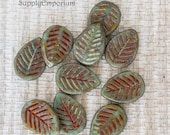 5967 Czech Glass 12x16mm Tea Green Picasso Dogwood Leaf Beads, 10 Beads