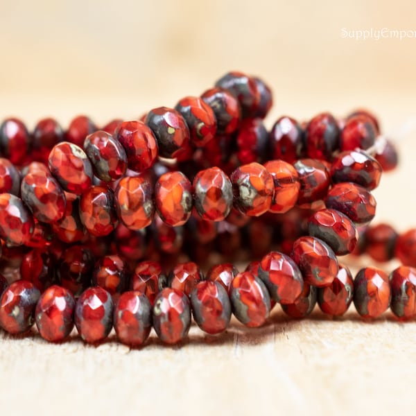 Czech Glass Rondelle - 3x5mm Rondelle - Brick Red Picasso Rondelle - 30 Beads - 3601R