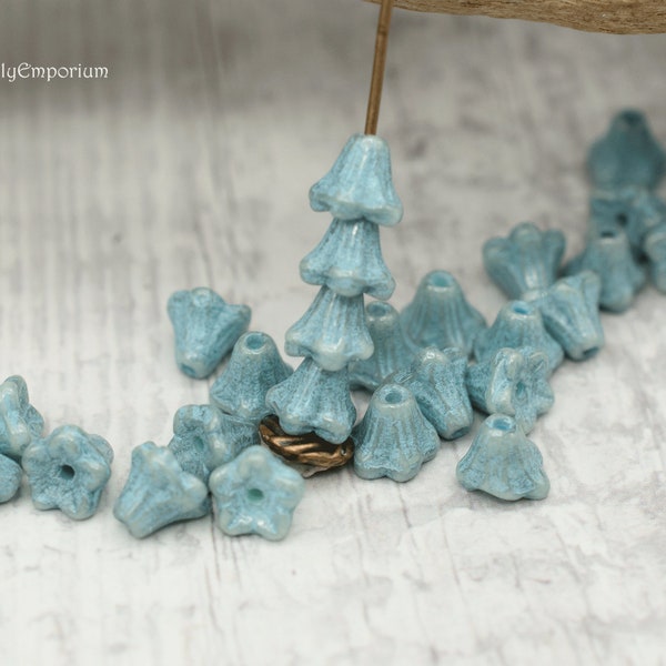 Tiny 5x6mm Slate Blue with Turquoise Wash Czech Glass Bell Flower Beads - 30 beads (7329W)