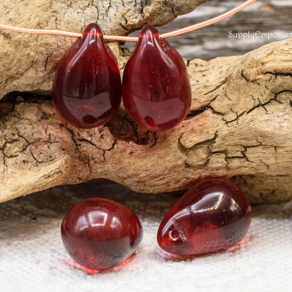 3376W (4)   - Czech 18x12mm Dark Ruby Red Drop Bead - Transparent Dark Ruby Teardrop Beads