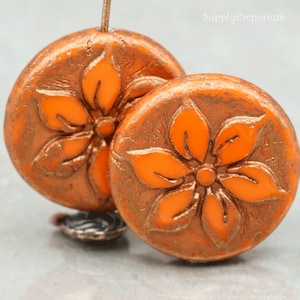 Czech Flower Coin, Hawaiian Flower, 18mm Czech Coin Bead - Metallic Wash Orange 18mm Flower Coin Bead, 3856R