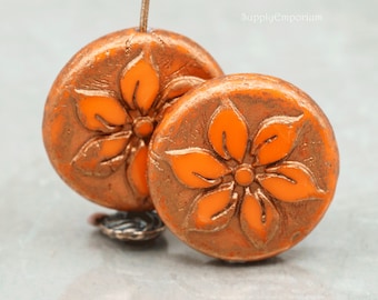 Czech Flower Coin, Hawaiian Flower, 18mm Czech Coin Bead - Metallic Wash Orange 18mm Flower Coin Bead, 3856R