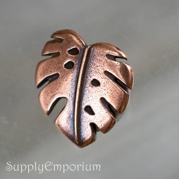 6897B, 15mm Monstera Leaf Tierracast Metal Shank Antique Copper Button, 15mm Antique Copper Monstera Leaf Metal Shank Button, 1 Button