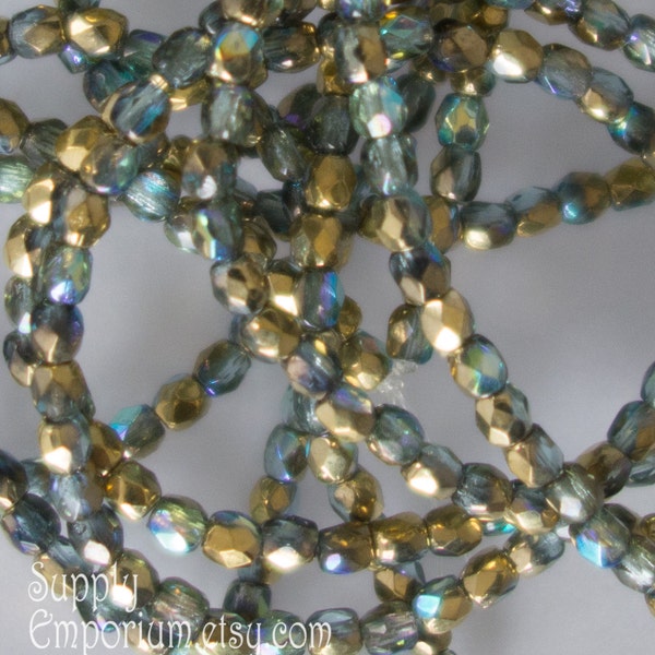 3551 (50)   - 3mm Transparent Aqua Gold Firepolished Round Beads - 3mm Round Transparent Aqua Gold Beads, 3mm Transparent Aqua Gold Round