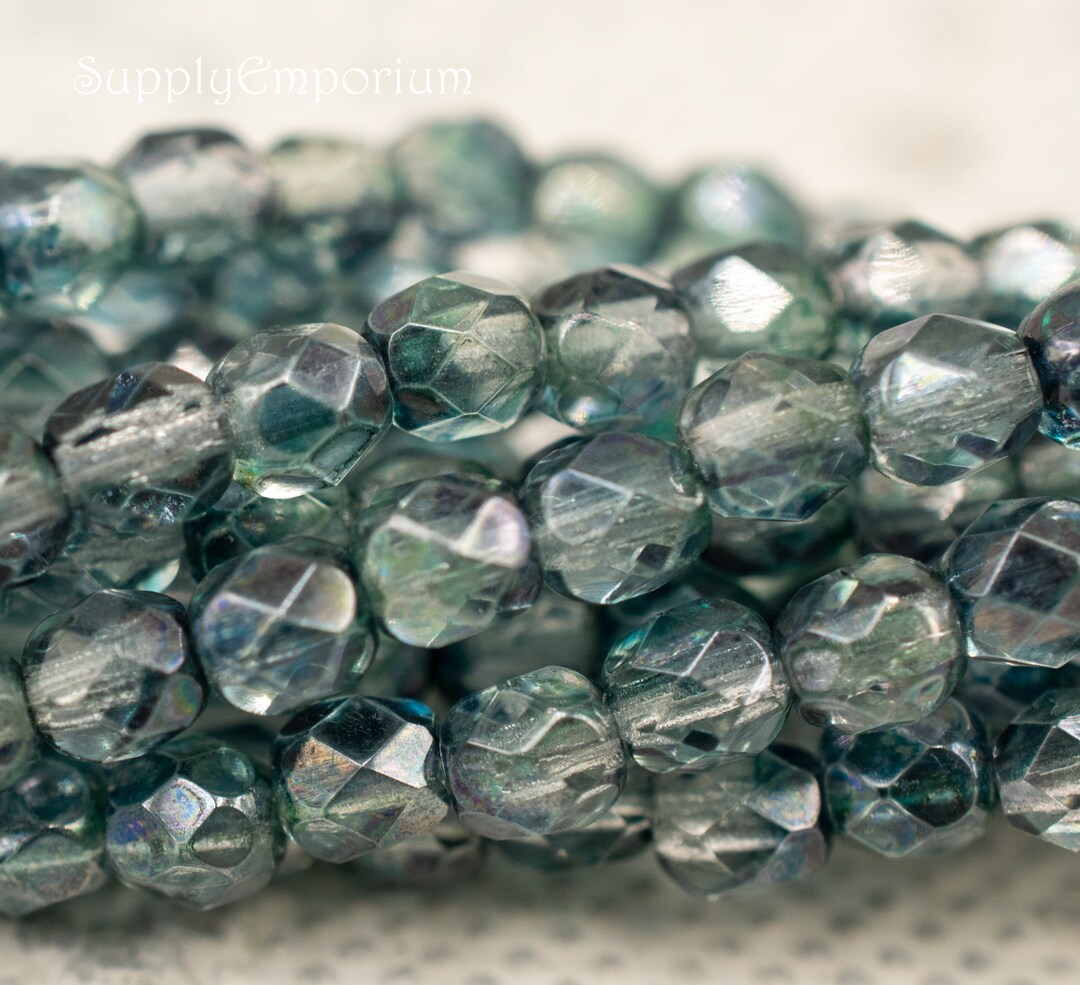 Czech Fire Polished Round Glass Beads, Dual Luster Blue Green Fire